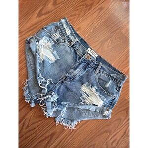One Teaspoon Bandits Denim Shorts Medium Wash Distressed Twisted Cuff Size 27